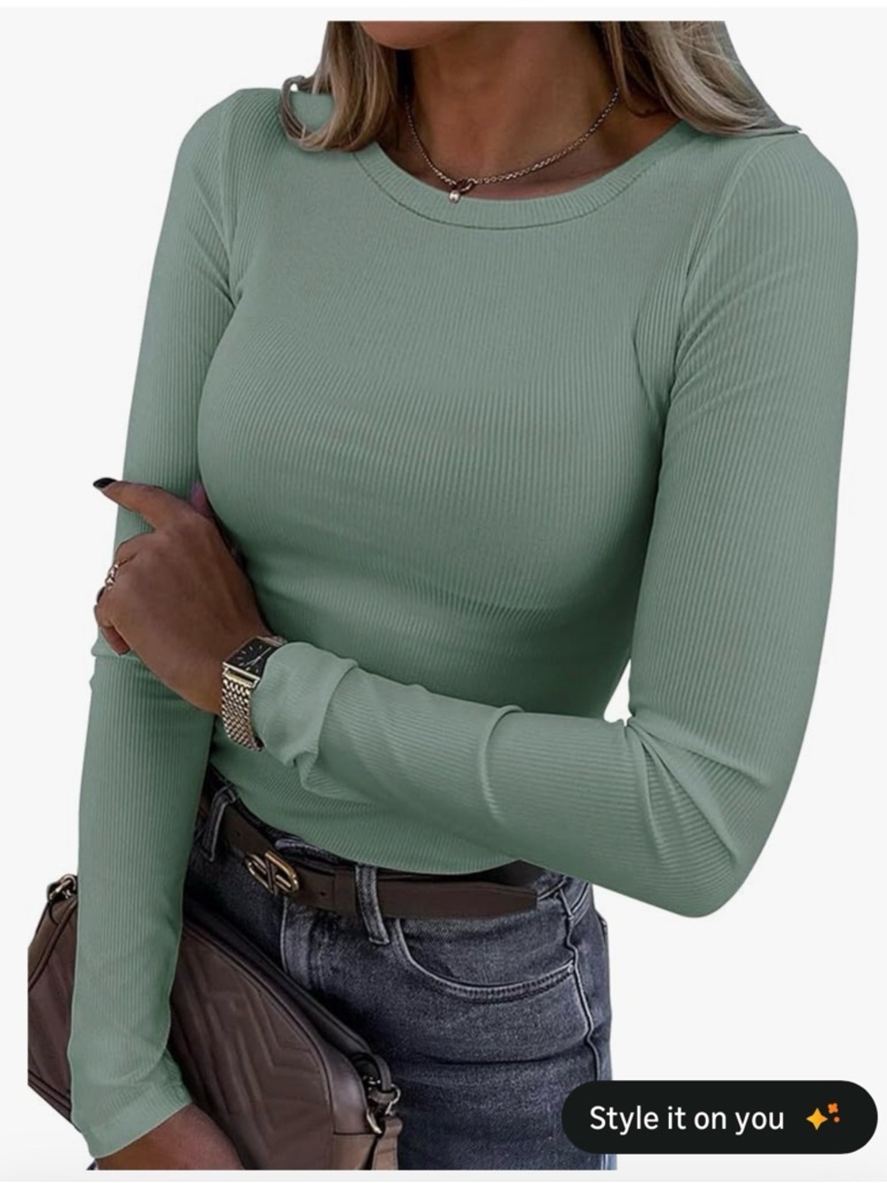Women's Ribbed Long-Sleeve Crewneck Top in Sage Green